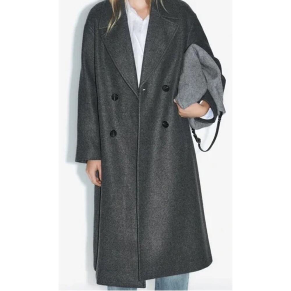 Zara Long Grey Manteco Coat Size XL Outerwear Overcoat